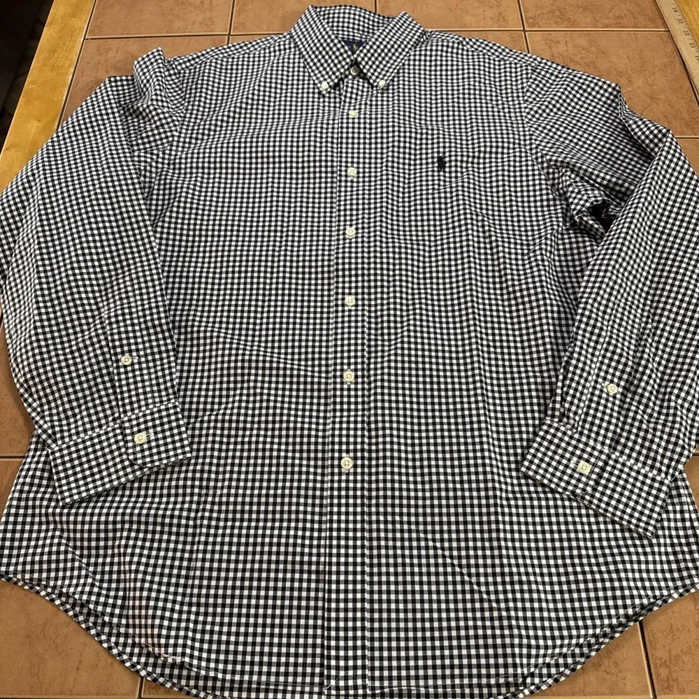 Ralph Lauren Sz XL Black White Gingham Plaid Long Sleeve Button Down Shirt Pony